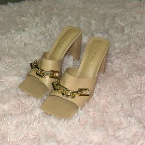 Liliana Open-Toed Beige Heels with Gold Chain Detail